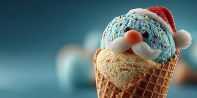 Colorful ice cream character with a Santa hat and festive decorations during a winter celebration photo