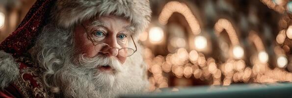 Santa Claus reading letters in a cozy workshop filled with festive lights during the holiday season photo