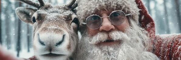 Santa Claus and reindeer pose for a cheerful selfie during a snowy forest winter celebration photo