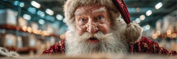 Santa Claus in a festive warehouse during the holiday season preparing gifts for children photo