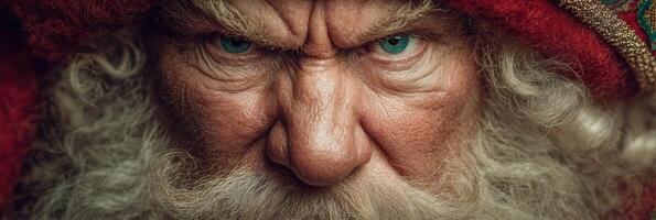 Santa Claus with intense expression posing against a festive background during winter season photo
