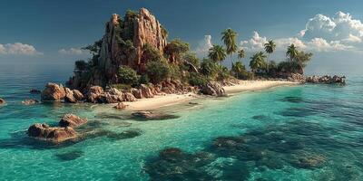 Tropical island with crystal clear waters and lush palm trees under a bright sky on a sunny day photo