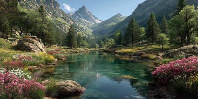 Scenic mountain landscape with crystal-clear river and vibrant wildflowers in a serene valley at midday photo