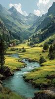 Majestic mountain valley with a flowing river and lush greenery on a sunny day photo