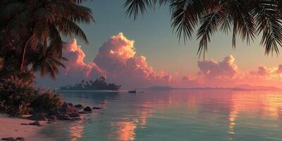 Sunrise over calm waters with tropical palms and distant island silhouette photo
