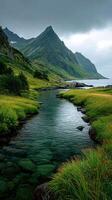 Serene mountain landscape with a winding stream and lush greenery in Norway during cloudy weather photo