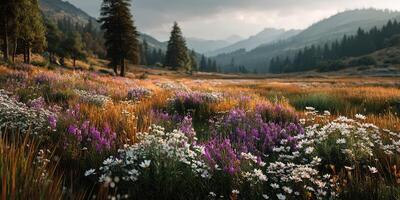 Vibrant wildflower meadow under a cloudy sky in the mountains during late afternoon photo