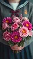 Colorful bouquet of flowers held by a person wearing a school uniform in soft lighting photo