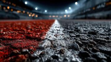Close-up view of a running track during a sporting event at night with stadium lights illuminating the scene photo