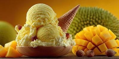 Delicious mango and durian ice cream served in a wooden bowl with a cone and garnished with nuts photo