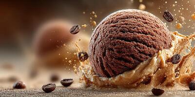 Delicious chocolate ice cream ball splashing with coffee beans in a rich, creamy dessert setting photo