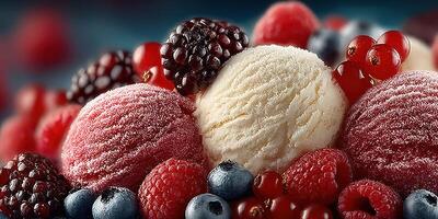 Colorful assortment of fruit-flavored ice cream scoops served with fresh berries photo