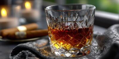 Elegant whiskey glass with rich amber liquid surrounded by candles and cigars in a cozy setting photo