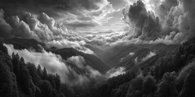 Majestic black and white landscape featuring rolling hills and dramatic clouds at dawn photo