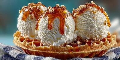 Delicious ice cream served in a waffle bowl with caramel drizzle and nuts at a summer gathering photo