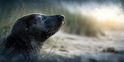 Seal resting on the sandy shore with sunlight breaking through clouds at dawn photo