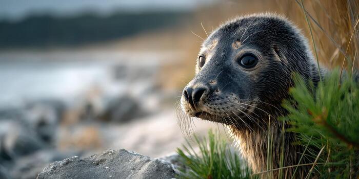 Curious seal peering from behind rocks on a coastal shore in the early morning light photo
