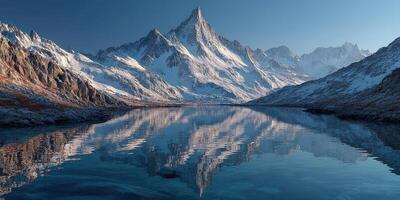 Snow-capped mountain peak reflected in a clear lake surrounded by rugged terrain during a serene morning photo