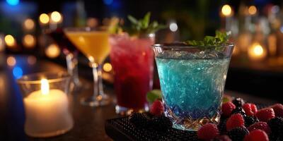 Colorful cocktails on a bar counter with candles and dim lighting during an evening gathering photo