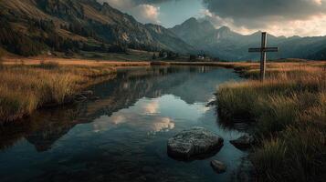 Stunning mountain landscape with calm water reflecting the dramatic sky at twilight in a serene nature setting photo