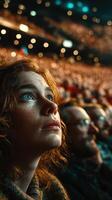 Audience captivated by performance in large venue during evening event photo