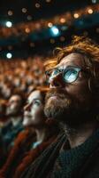 Audience captivated during a live performance in a large theater in the evening photo