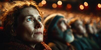 Audience captivated by a film screening in a dark theater with glowing lights in the background photo