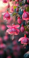 Colorful fuchsia flowers blooming in a garden during sunset creating a serene atmosphere photo
