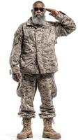 Military personnel saluting with pride in camouflaged uniform on a neutral background photo