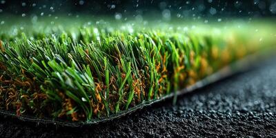 Artificial turf close-up showcasing vibrant green blades and a textured surface during a soft rain in an outdoor sports area photo