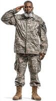 Military personnel saluting with pride in camouflage uniform and boots against a neutral background photo