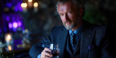 Man in formal attire enjoys a drink in an elegant setting with ambient lighting and smoke in the air during the evening photo