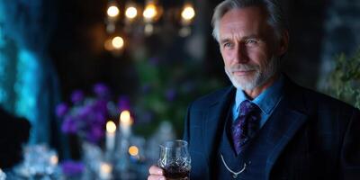 Elegant man in dark suit enjoying a drink at a lavish candlelit gathering with purple flowers photo