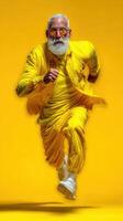 Elderly man running in vibrant yellow outfit showcasing energy and vitality against a bright background photo