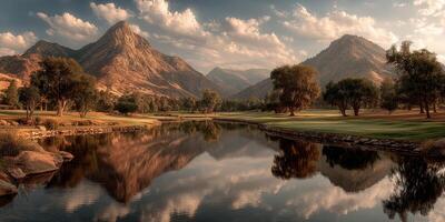 Golden hour reflection in a serene mountain golf course with lush greenery and tranquil water photo