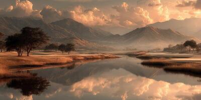 Golden hour light bathes tranquil lake and mountains in autumn scenery photo