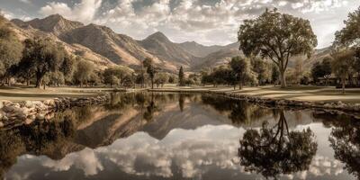 Relaxing afternoon by a serene lake surrounded by mountains and trees in a tranquil landscape photo