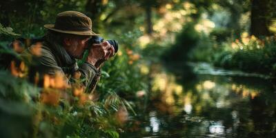 Wildlife photographer capturing nature by a tranquil stream at golden hour in a lush forest setting photo