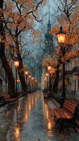 Beautiful evening walk in a park lined with lamps and autumn trees reflecting on wet pavement photo