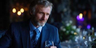 Man in formal suit enjoys a drink while seated at an elegantly decorated event in the evening photo