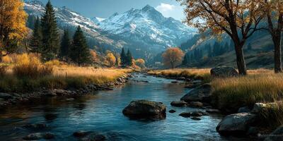 Beautiful autumn landscape featuring mountains, a river, and colorful trees under a clear sky photo