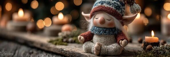 Cozy elf doll sits peacefully among candles and festive decor in a warm, inviting setting during the holiday season photo