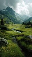 Mountain valley landscape showcasing a serene stream amidst lush greenery and dramatic cloudy skies in an alpine region photo