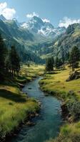 Picturesque mountain landscape with flowing stream and lush greenery under clear blue sky photo