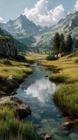 Stunning mountain landscape with a tranquil stream flowing through lush green meadows during a sunny day photo