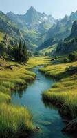 Majestic mountain landscape with a serene river flowing through lush green valleys at sunrise photo