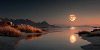 Stunning landscape at dusk with a full moon reflecting on calm waters in a serene natural setting photo