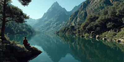 Peaceful meditation by a serene lake surrounded by majestic mountains during a quiet morning photo
