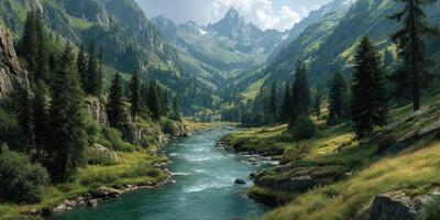 Breathtaking mountain landscape with a river flowing through lush greenery under a clear blue sky photo