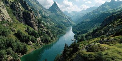 Stunning mountain landscape with a winding river and lush greenery under a bright sky in the afternoon photo